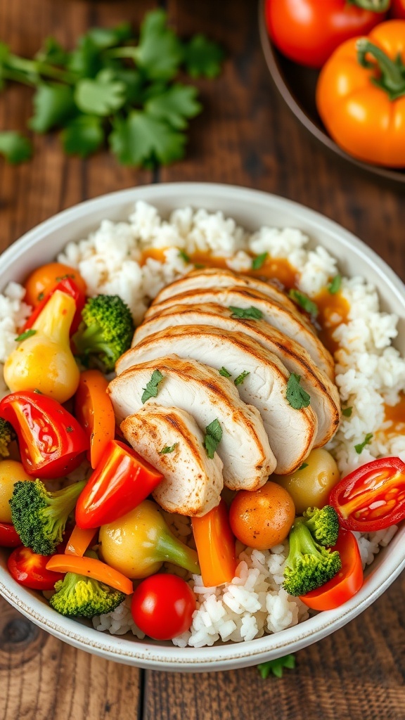 A delicious chicken bowl with grilled chicken, rice, and colorful vegetables.